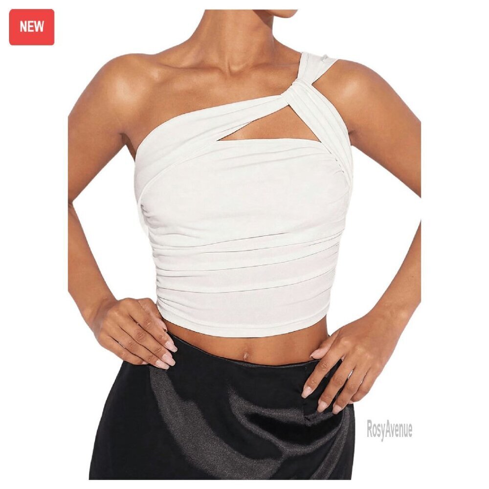 One Shoulder Ruched Crop Top - Medium Stretch, Fitted, Sleeveless